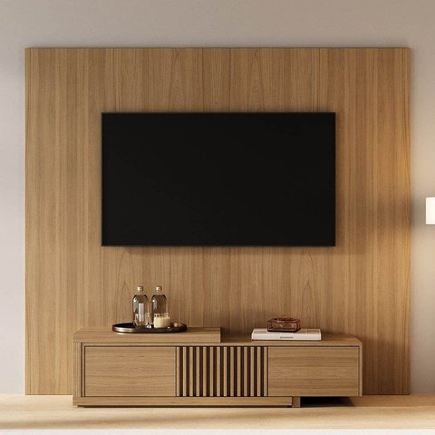 Rack Extensível Ripado com Painel TV 75 Polegadas 200x180cm Aruá CabeCasa MadeiraOriginals Marrom