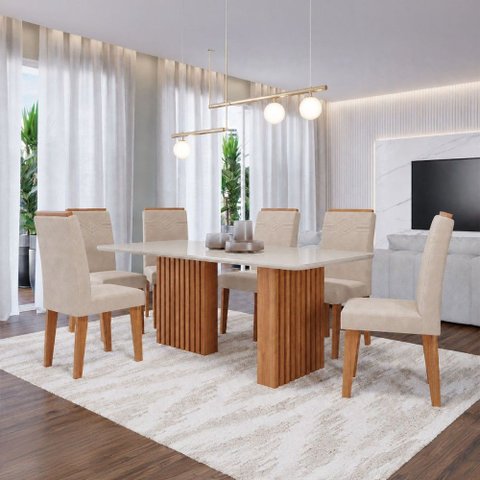 Sala de Jantar 6 Lugares Tampo de Vidro 210 cm Ludovica Cinamomo/Nude - Panorama Móveis