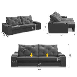 Sofá Retrátil Reclinável 3 Lugares 2,00m com Porta Copos e Usb Helena Suede Cinza Adonai - 2