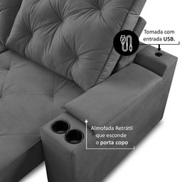 Sofá Retrátil Reclinável 3 Lugares 2,00m com Porta Copos e Usb Helena Suede Cinza Adonai - 4