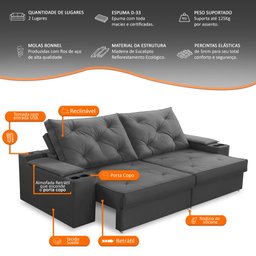 Sofá Retrátil Reclinável 3 Lugares 2,00m com Porta Copos e Usb Helena Suede Cinza Adonai - 3