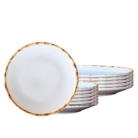 Jogo 12 Pratos Rasos 27cm Borda de Bambu Cerâmica 1ª Linha Scalla