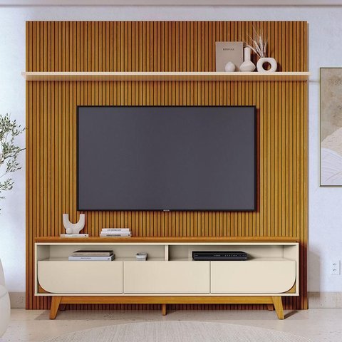 Painel Piso Teto New Guaporé com Rack Bancada Selene New Luna Ambiente Cinamomo Off White - Madetec