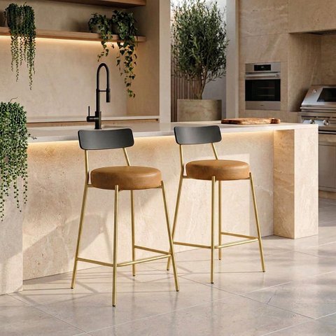 Banqueta Cozinha Média Encosto Preto KIT2 Industrial Dourado Londrina PU D03 - D'Rossi