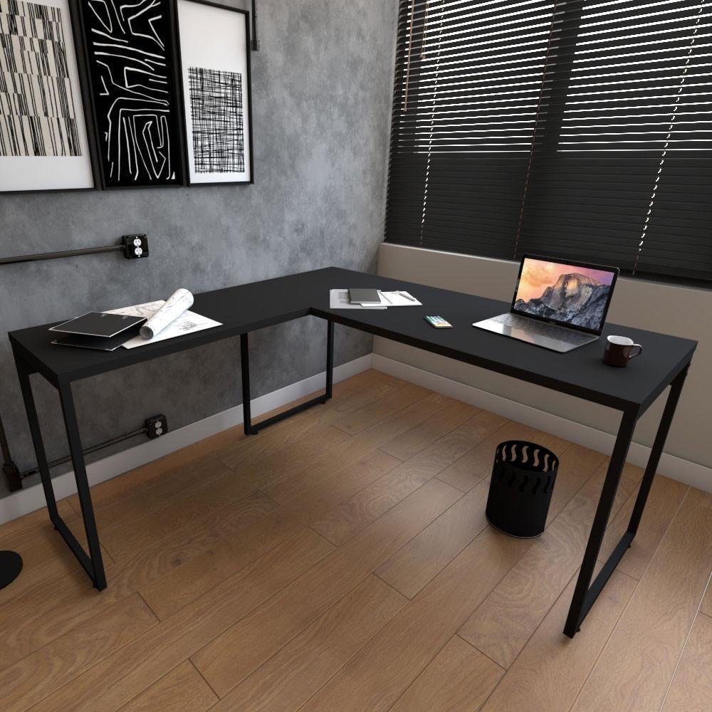 Mesa de Escritório em "L" Estilo Industrial com Pés de Metal Preto - 2