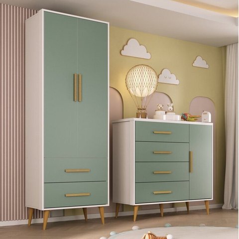 Quarto Infantil com Guarda-Roupa 2 Portas 2 Gavetas com Cômoda Magia Espresso Móveis Rosa/Branco/Verde