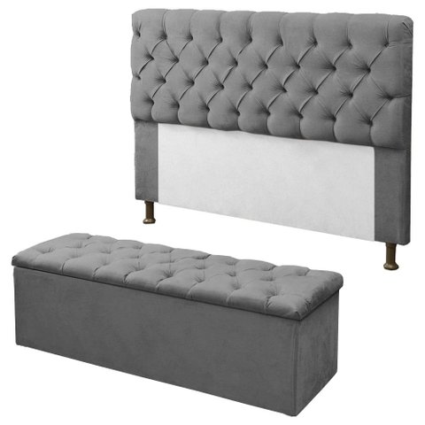 Kit Cabeceira + Calçadeira Baú Mirage Casal 140cm Cinza