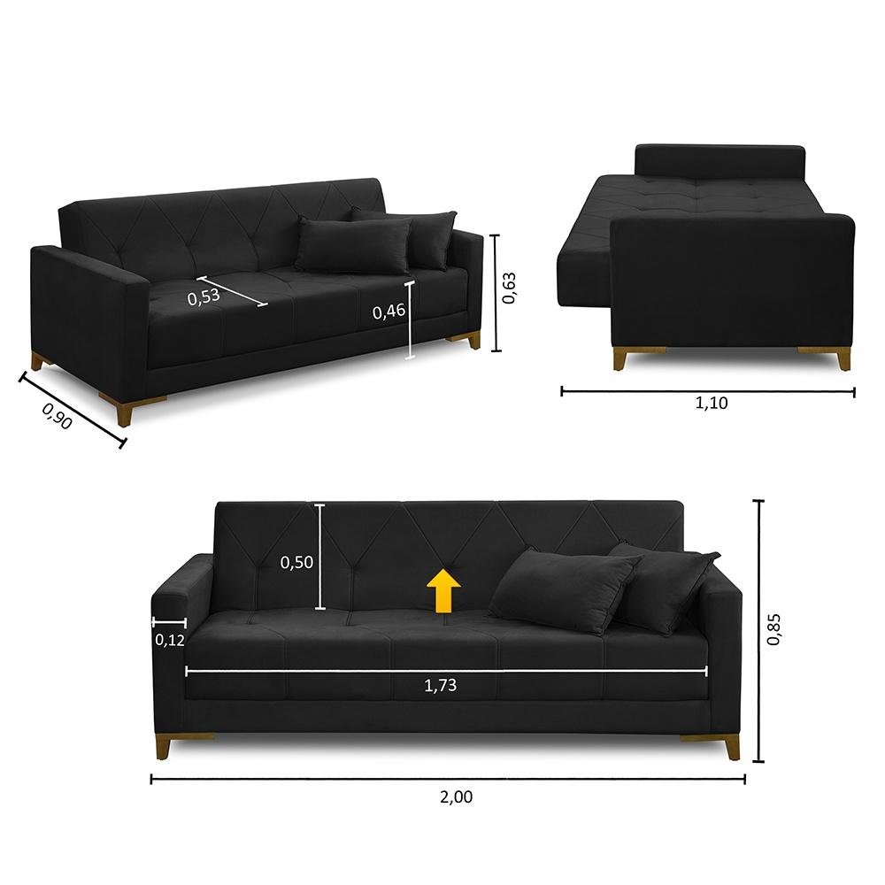 Sofá Cama 3 Lugares 2,00m Aurora Suede Preto Adonai Estofados - 2