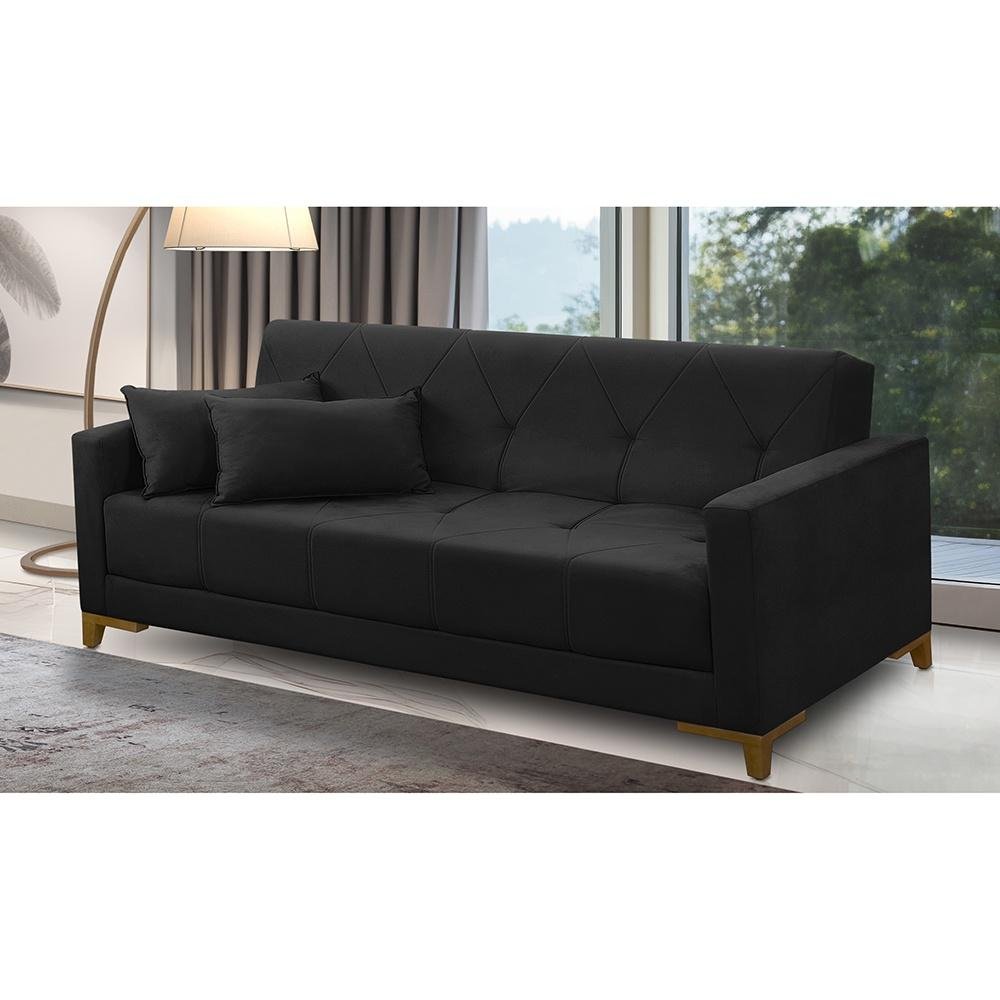 Sofá Cama 3 Lugares 2,00m Aurora Suede Preto Adonai Estofados - 1