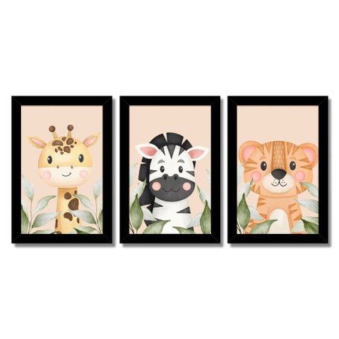 Kit Quadros Infantil Safari Aquarela 20X30 3 peças Arte na Arte Safari Aquarela  Moldura Preta