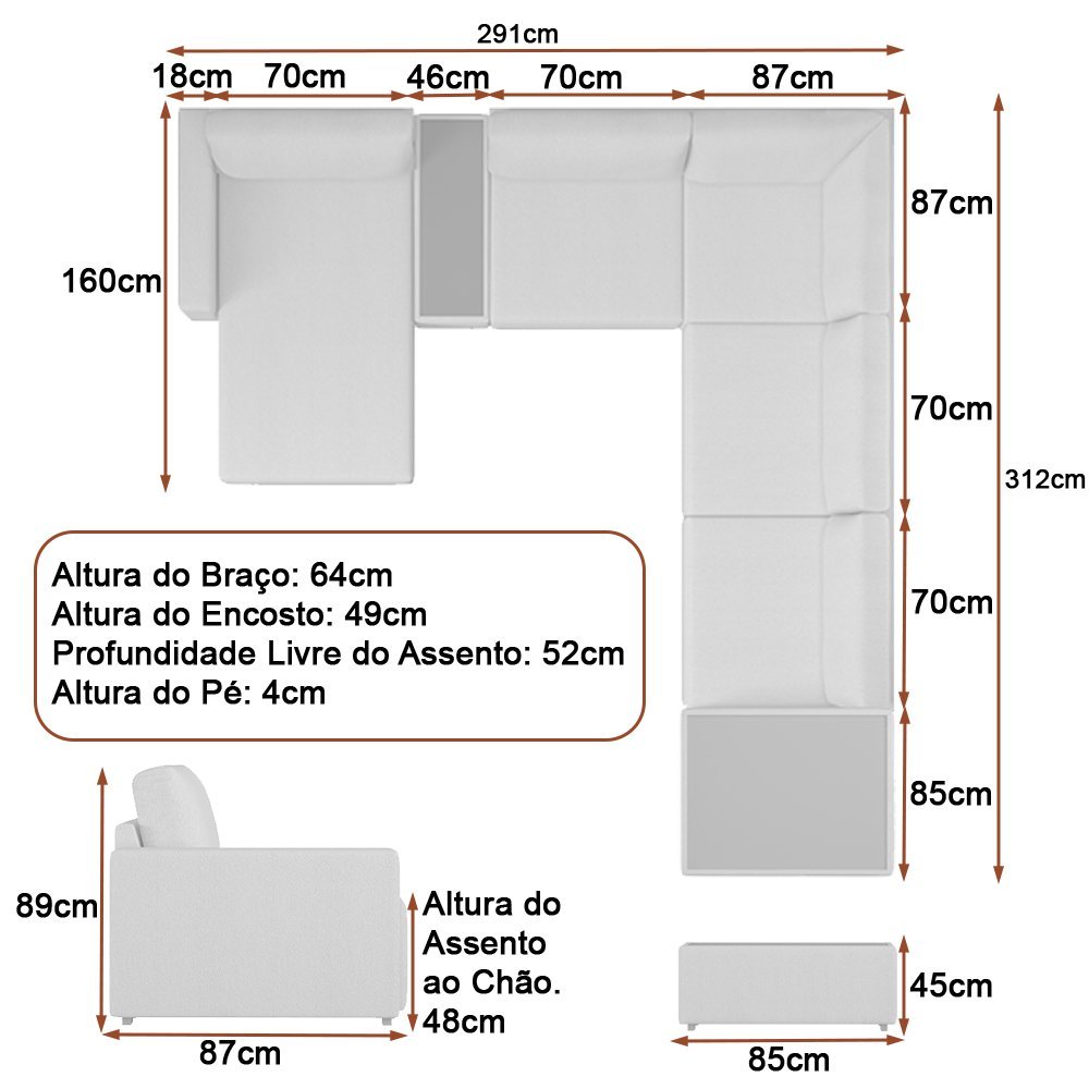 Sofá de Canto Modulado 291cm - 312cm 6 Lugares France Bouclé Suave Off White - Sallar Home - 4