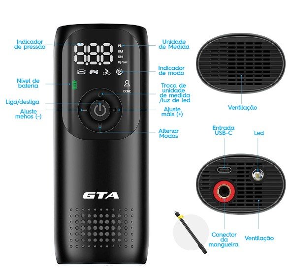 Bomba de Ar GTA Portátil - Sem Fio Portátil Smart Plus 150 PIS Com Bateria de 2000Mah Sem Fio - 6