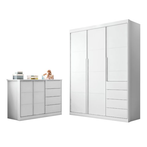 Conjunto Infantil Roupeiro e Comoda Perola Mdf Branco Pheonix Baby