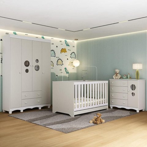 Quarto de Bebê Completo com Berço Americano 3 em 1 Suspiro Multimóveis Mp4616 Branco/off White