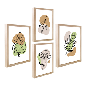 Kit Luxo 4 Quadros Verde Folhagens Abstrato Boho Bege Sala Cozinha com Moldura Caixa Alta 40cm Ref01