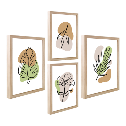 Kit Luxo 4 Quadros Verde Folhagens Abstrato Boho Bege Sala Cozinha com Moldura Caixa Alta 40cm Ref01
