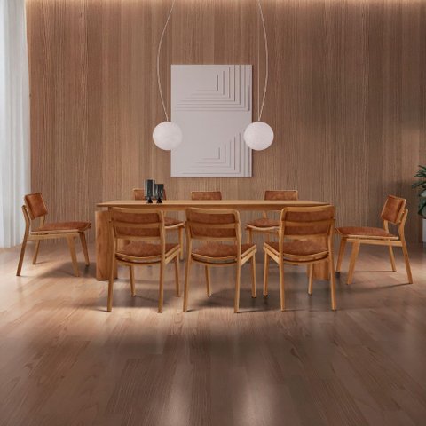 Sala de Jantar Mesa Nala 220cm Tampo Laminado Canto Moeda com 8 Cadeiras Eva