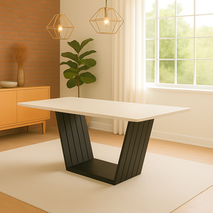 Mesa de Jantar Retangular 160x90 Mdf/vidro para 6 Lugares Pés Madeira Maciça Safira Preto/off White