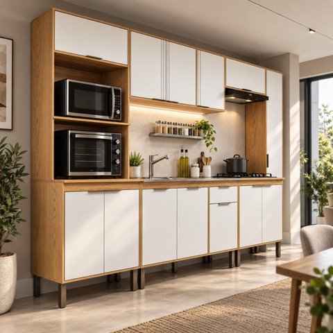 Cozinha Completa Modulada 6 Peças com Torre Quente para 2 Fornos e Espaço para Cooktop Madalena