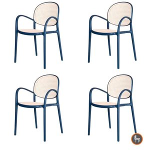 Kit 4 Cadeiras Empilhável Portofino Fratini Polipropileno Cor Azul e Assento Simulando Palha