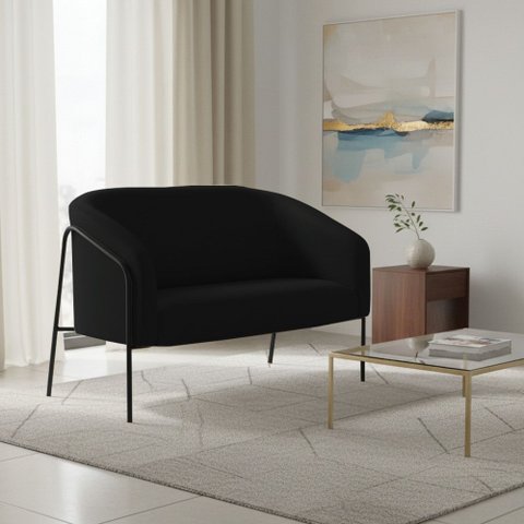Sofá 2 Lugares Namoradeira Stella Base Industrial Alta Preta Sintético Pu Preto D03 - D’Rossi