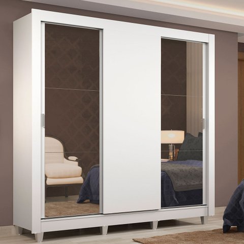 Guarda-Roupa Casal Madesa Lyon 3 Portas de Correr com Espelhos 2 Gavetas com Pés Branco Cor:Branco