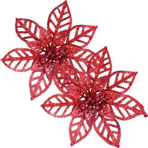 Kit 16 Flores Vermelha Gliter Decoração Árvore de Natal 14cm