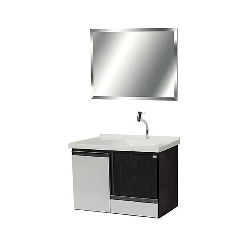 Conjunto Gabinete Banheiro 80cm Espelheira e Cuba Suspenso:nero/branco
