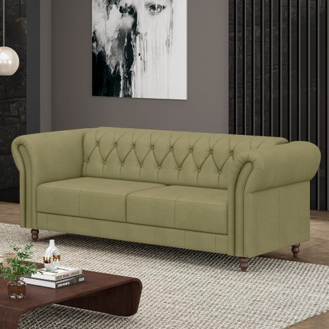 Sofá Living Sala de Estar Stanford Chesterfield 2 Lugares 200cm Pés de Madeira Couro Fendi G58 - Gra