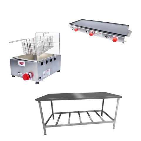 Kit Lanchonete Mesa de Manipulação 190x70cm + Fritadeira a Gás 1 Cuba + Chapa a Gás 90cm