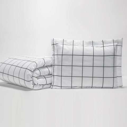 Kit Edredom Square Queen Quadriculado Percal 180 Fios 3 Peças - Branco