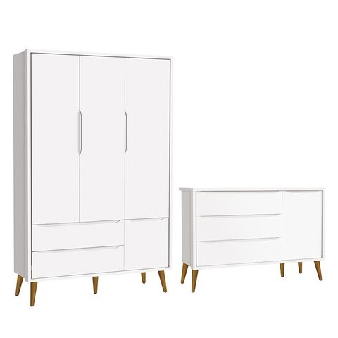 Jogo de Quarto Infantil Theo Retrô Guarda Roupa 3 Portas e Cômoda 1 Porta Branco com Pés Amadeirado