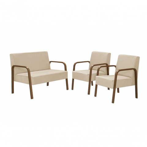 Conjunto Poltrona Luna Braço Madeira D Salla Suede Bege