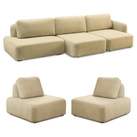 Conjunto Sala de Estar 1 Sofá Retrátil Modulado 312cm e 2 Poltronas Santiago Bouclê Bege G89 - Gran