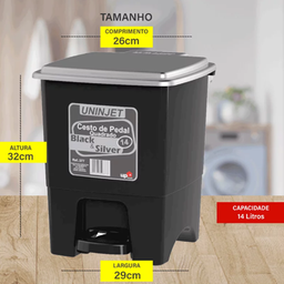 Lixeira C/ Pedal Basculante Quadrado 14l Preta Tampa Prata:preto - 2