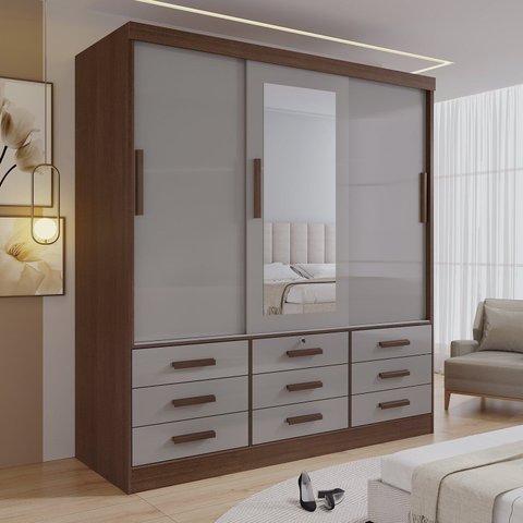 Guarda-Roupa 3 Portas de Correr com Espelho e 9 Gavetas MDF Castanho e Off White