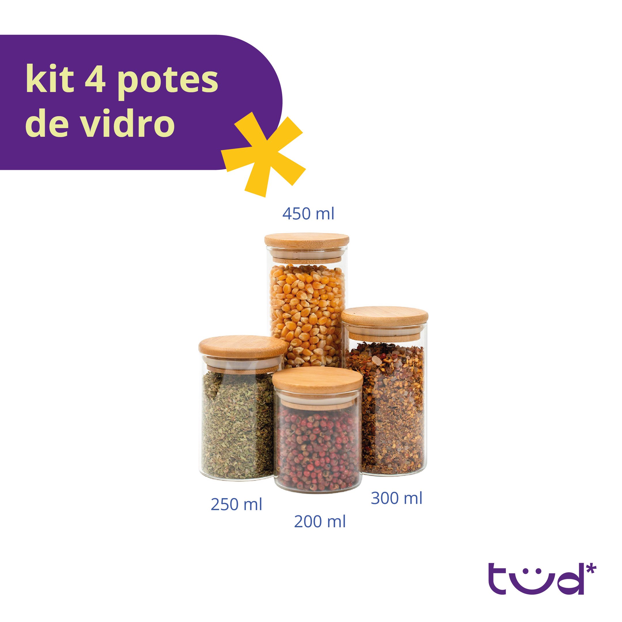 Kit 4 Potes de Vidro Tampa de Bambu Herméticos Redondos - Tüd - 3