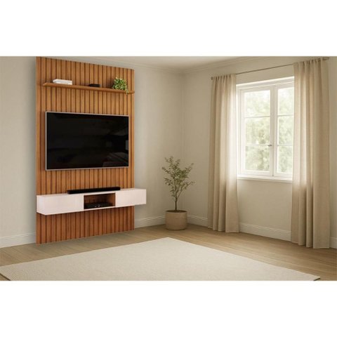 Painel Home Quarto p/ TV 55 pol Trento 144cm Freijo/Off DJ Móveis