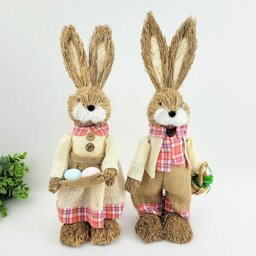 Casal De Coelho De Palha Xadrez 40cm Decoração De Páscoa - 2