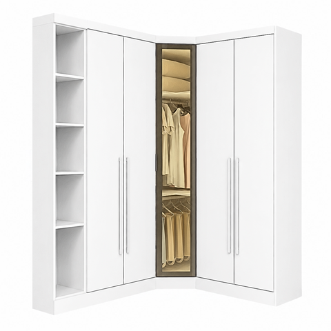 Guarda-Roupa Modulado de Canto Oblíquo Reflecta com LED 5 Portas e Cantoneira 100% MDF Cairo