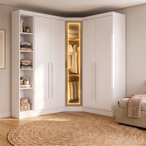 Guarda-Roupa Modulado de Canto Oblíquo Reflecta com LED 5 Portas e Cantoneira 100% MDF Cairo