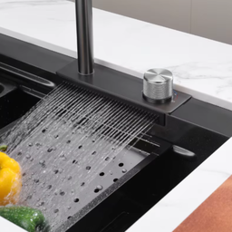 Cuba Cozinha Gourmet Premium Cascata com Torneira Lavador Copos Aço Inox 201 Preto - 9