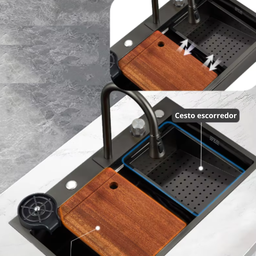 Cuba Cozinha Gourmet Premium Cascata com Torneira Lavador Copos Aço Inox 201 Preto - 10