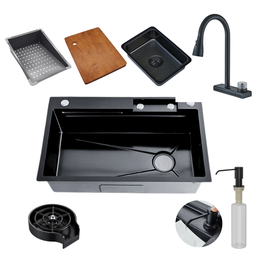 Cuba Cozinha Gourmet Premium Cascata com Torneira Lavador Copos Aço Inox 201 Preto - 6