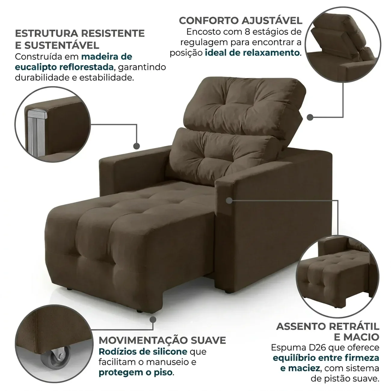 Ver imagem 4 de Poltrona Retrátil e Reclinável Madeira Marrom Alba 89cm Yescasa