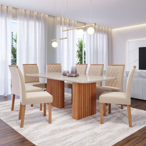 Conjunto de Sala de Jantar 8 Cadeiras de Madeira Dublin com Tampo de Vidro Cinamomo/Off White com Su