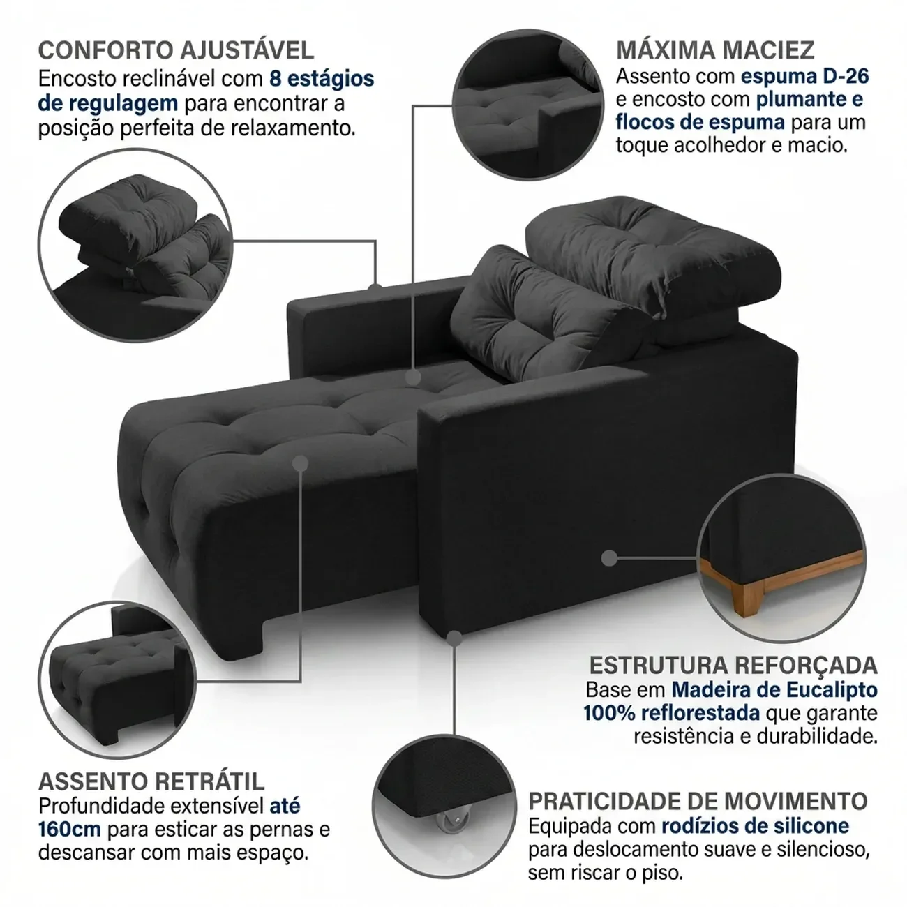 Ver imagem 5 de Poltrona Retrátil Reclinável 8 Estágios em Madeira Alba Yescasa Preto