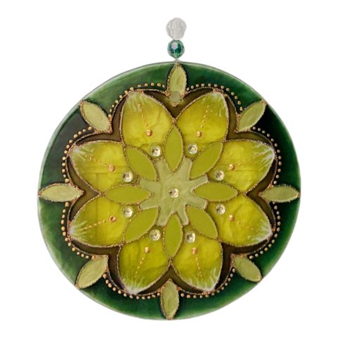 Quadro Mandala Pintada À Mão Flor Verde Esperança 14 Cm
