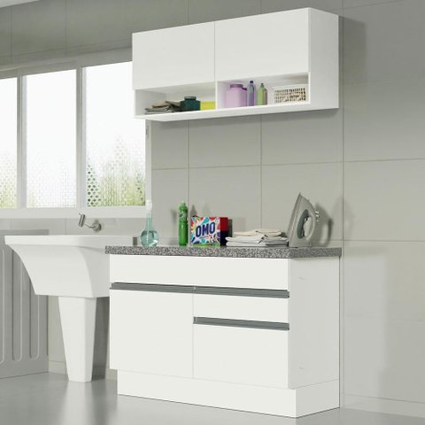 Kit Área de Serviço 120cm com Armário e Balcão Branco Madesa 01