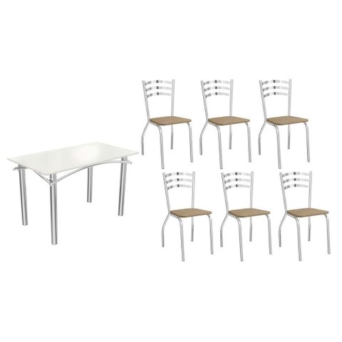 Conjunto: Mesa Sala Jantar Elba Tampo Madeirado c/ Vidro 120cm e 6 Cadeiras Portugal Cromada/Off